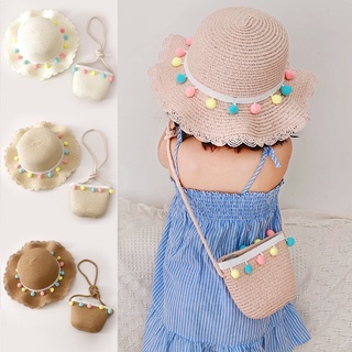 Baby Girl Hat 2021 Summer Cap Breathable Straw Sun Hats Colorful Ball Sweet Princess Hat Seaside With Bag Kids Hats 2-6Y