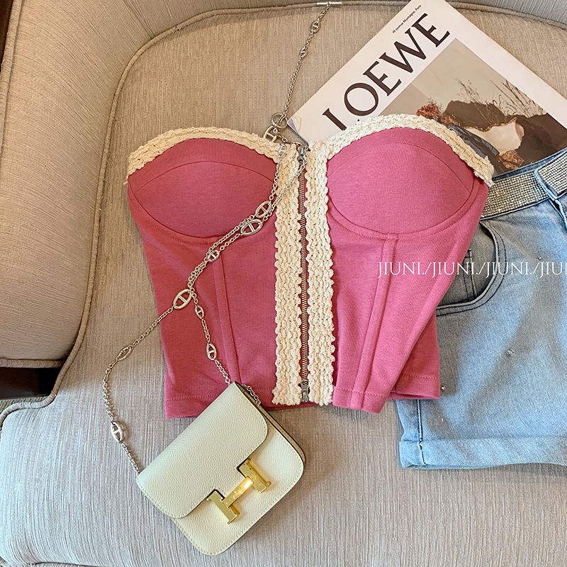 กุหลาบสีชมพู fishbone bra top ผู้หญิงฤดูร้อนใหม่สายแขวนไม่มีสายหนัง