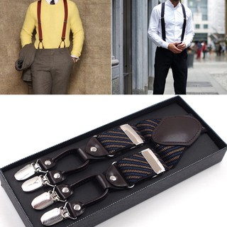 Men Stripe Y-Shape Suspender With Non-Slip 6 Clips Elastic Adjustable Pant Braces