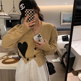 Suxi Korean Style V-neck Love Sweater Knitted Cardigans Short Crop Tops Autumn Women Sweater