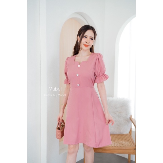 C72เดรสคอเหลี่ยม แขนตุ๊กตาติดกระดุมมุข ชายกระโปรงบานมีสายผูกเอว แบบน่ารักมาก - รูปที่ 4