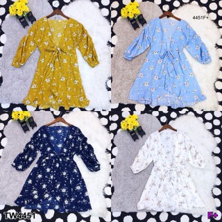 TwinsShopVip💗พร้อมส่ง TW4451 มินิเดรสผูกโบว์ลายดอก Floral bow tie mini dress