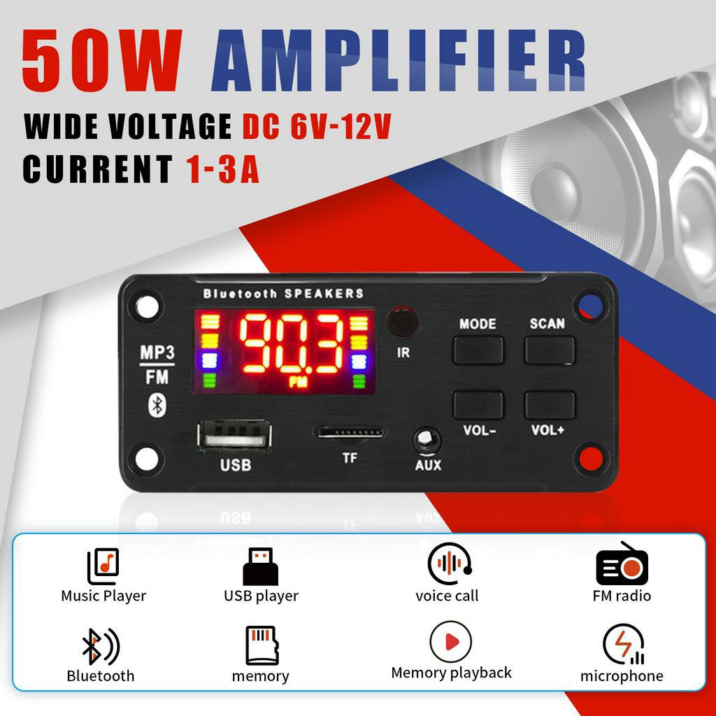 2*25w 50W เครื่องขยายเสียง USB TF วิทยุ FM โมดูลบลูทูธ 12V MP3 WMA ถอดรหัส MP3 เครื่องเล่นรีโมทคอนโทรล