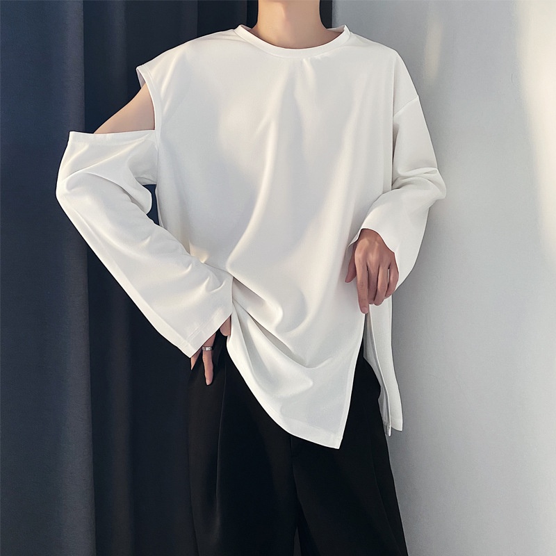 เสื้อกันหนาวแขนยาว เปิดไหล่ ผ่าข้าง สไตล์ญี่ปุ่น สําหรับผู้ชาย
