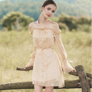 042 Sweet Peach : Laura Star Dress เดรสเปิดไหล่ลายดาว