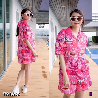 TW15952 Set 3 ชิ้น เสื้อเชิ้ตแขนสั้น ผ้าไหมญี่ปุ่นพิม งานพิมดิจิตอล + กางเกงขาสั้นผ้าไหมญี่ปุ่นพิมลายเข้าเซต + แมสปิดปาก