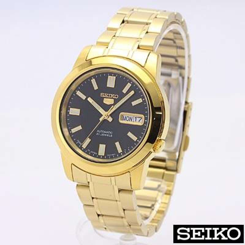 (Hot!!) Seiko 5 Sports Automatic รุ่น SNKK22K1 นาฬิกาสำหรับผู้ชาย สายสแตนเลสสีทอง หน้าปัดดำประกันศูนย์ Seiko 1 ปีเต็ม