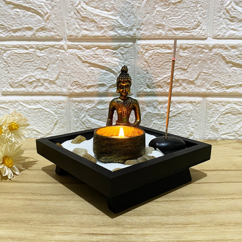 ✷✑▥Resin Buddha Statue Zen Meditation Peaceful Decor Candle Holder Set Spiritual Zen Garden Sand Tray Kit Buddha Incense