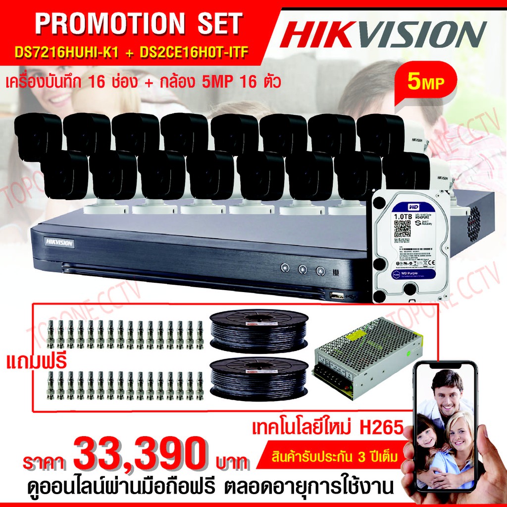 HIKVISION ชุดกล้องวงจรปิด 16CH 5MP (5ล้าน): DS-7216HUHI-K2+DS-2CE16H0T-ITF(3.6mm) x 16PCS  ราคาพร้อม