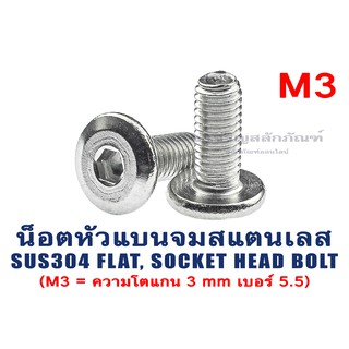 น็อตหัวแบนจมสแตนเลส M3 Socket Flat Head Screw น็อตหัวแบน ประแจแอลขัน น็อตหัวเรียบ (น็อตเบอร์ 5.5)