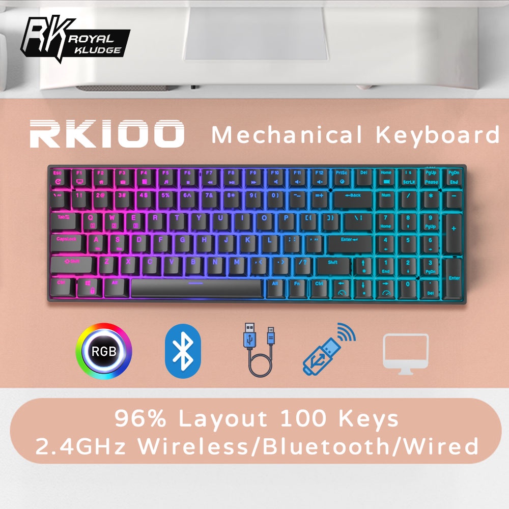 ROYAL KLUDGE RK100 Gaming Keyboard คีย์บอร์ดไร้สาย Bluetooth/Wired/2.4Ghz Wireless RGB Hotswap Blue/