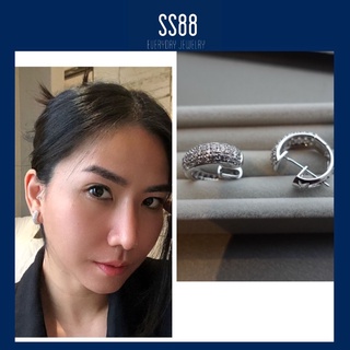 SS88Jewelry ต่างหูเพชร CZ แบบห่วง ฝังเพชรทรง Pave 2 แถว ตัวเรือนเงินแท้ รูปภาพถ่ายจากสินค้าจริง