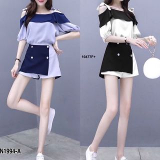 ชุดเซ็ตเสื้อปาดไหล่+กก.ขาสั้นแต่งป้าย