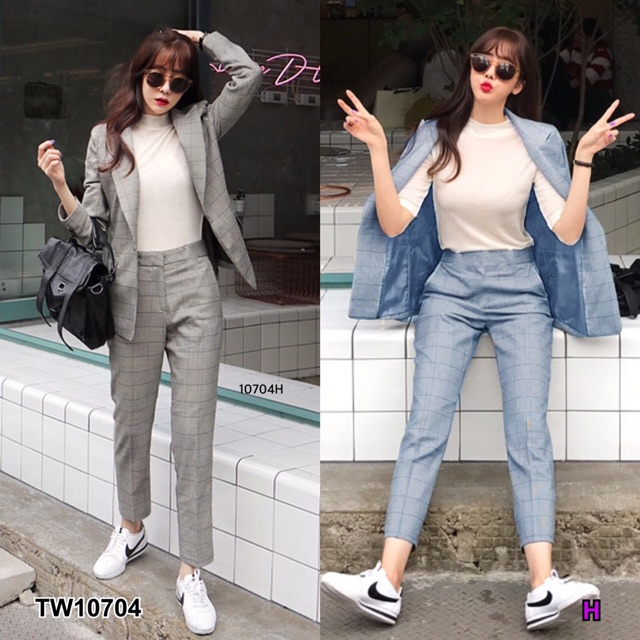 GN10704 **รบกวนสอบถามstockก่อนสั่งซื้อจ้า**Set 2 ชิ้น เสื้อสูทแขนยาว ลายตาราง + กางเกงขายาว