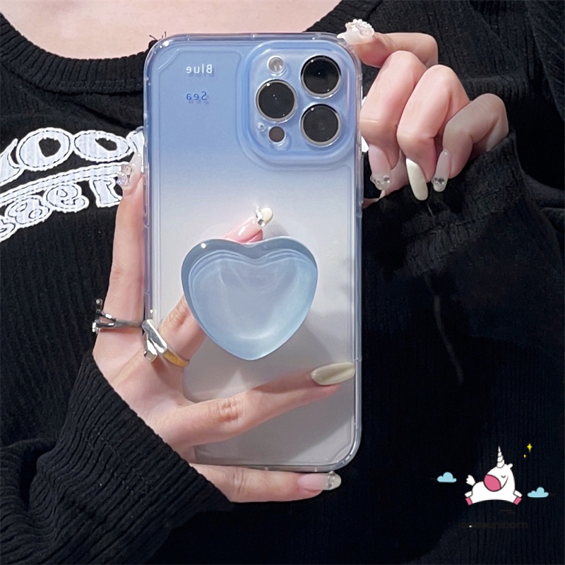 เคสโทรศัพท์มือถือ TPU นิ่ม แบบใส ไล่โทนสีฟ้า พร้อมแหวนขาตั้ง รูปหัวใจน่ารัก สําหรับ IPhone 11 13 12 14 Pro MAX 7 8 Plus 6 6S X XS MAX SE 2020