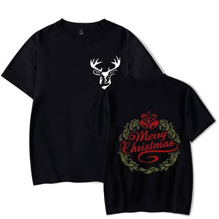 เสื้อยืดผ้าฝ้าย เสื้อยืดคริสต์มาสAlimoo Merry Christmas Men &amp; Women Cotton T-shirt Lovers Tops Plus Size XXS 4XL