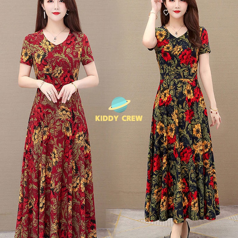 พร้อมส่งในไทย เดรสสตรีสวยหรูเนื้อผ้าเรียบๆใส่สบาย  แฟชั่นวินเทจลายผสมผสานเดรสยาวกระโปรงทรงซ้อนสวยมาก