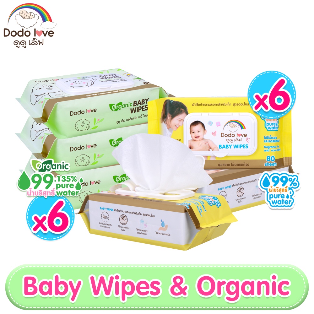 [ยกลัง6] DODOLOVE Baby Wipes ผ้าเช็ดทำความสะอาดสำหรับเด็ก ออร์แกนิค ห่อใหญ่ 80 แผ่น ทิชชู่เปียก