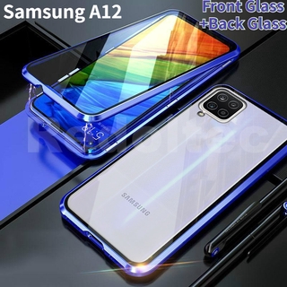 เคส Samsung Galaxy A12 360 สองด้านด้านหน้าหลังกระจกแม่เหล็กดูดซับ เต็มร่างกายป้องกันแม่เหล็กฮาร์ดปกหลัง