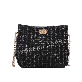 กระเป๋า แฟชั่น สีดำ ปักเลื่อม สายสะพายสีทอง ผู้หญิง ปาร์ตี้ crossbody bag