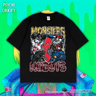 เสื้อยืด ขนาดใหญ่ พิมพ์ลายหุ่นยนต์มอนสเตอร์ Psycho Crucify | สีดํา | สีเทาเข้ม | เสื้อเชิ้ต ลาย Monsters Robots | เสื้อย