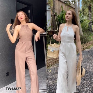 MF13827🍓 Jumpsuit จั้มสูทสายคล้องคอ ผ้าซาร่า มียางสม็อคหลัง ขากระบอกทรงสวย พร้อมส่ง