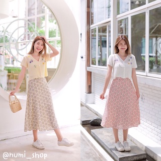 numi_shop พร้อมส่งจ้า เสื้อไหมพรมปักซีทรู กระโปรงผ้าพิมพ์ลายยางยืด