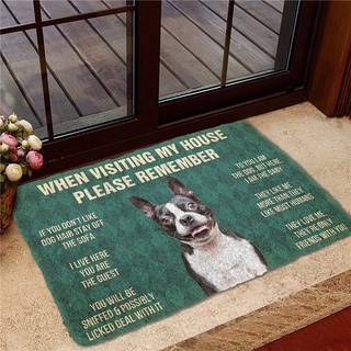 พรมเช็ดเท้า ผ้าสักหลาด แบบนิ่ม พิมพ์ลาย Please Remember Boston Terrier House Rules กันลื่น สําหรับตกแต่งบ้าน