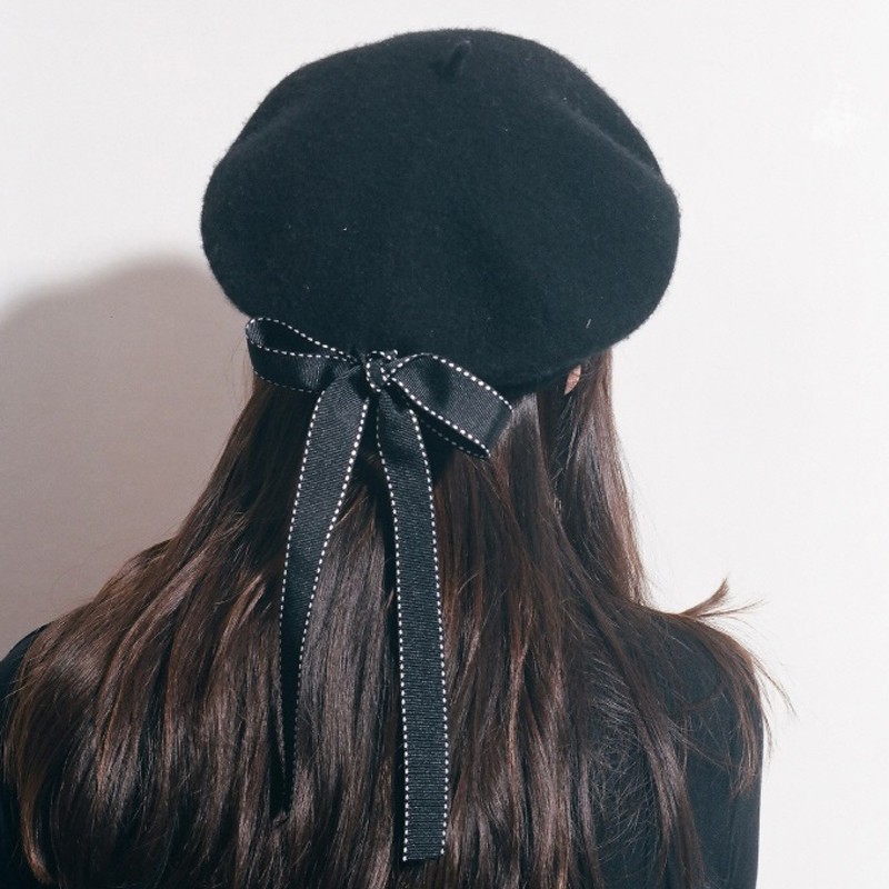 Harajuku ฤดูใบไม้ร่วงฤดูหนาว All-Match Bowknot แกะ Beret หญิงเกาหลีรุ่นแฟชั่น Beret สีดําหมวกลําลอง T