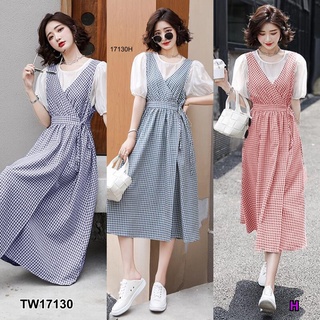 MM17130 เอี๊ยมเดรสแขนกุดลายสก็อต + เสื้อแขนพอง	Plaid sleeveless bib dress + puff sleeve blouse