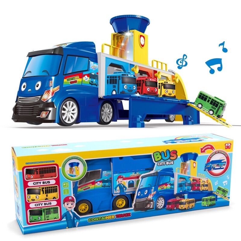 Tayo ชุดรถบัส Tayo The Little Bus พร้อมเพลง 1 ขนาดใหญ่ 4 ชิ้น และรถดึงถอยหลัง 3 คัน
