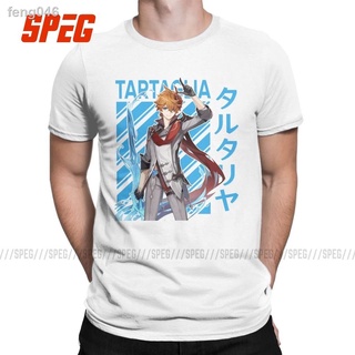 ✘สไตล์ Tartaglia Genshin Impact ผู้ชายผ้าฝ้ายเสื้อยืดคอกลมหลวมผู้ชายแขนสั้นลำลอง TEE พิมพ์ผ้าฝ้ายแท้