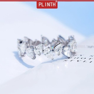 PLINTH แหวนเงินแท้ 925 สีขาวแถวเดียวหยดหยดน้ำรูปเพชรจริงเพชรเต็มหรูหราสีสวยหรู480