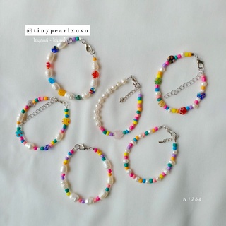 สร้อยข้อมือไข่มุกแท้ Colorful Bracelet ไข่มุกทรงกลม 5mm ไข่มุกน้ำจืด สร้อยน่ารัก Cotton Vintage Tinypearlxoxo N1264