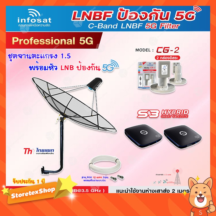 Thaisat C-Band 1.5M (ขางอ100cm.Infosat) + Infosat LNB C-Band 5G 2จุด รุ่น CG-2 + PSI S3 HYBRID 2 กล่อง+สายRG6 ยาว 10m.x2