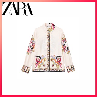 Zara ฤดูใบไม้ร่วงใหม่ ผู้หญิง พิมพ์ลาย เสื้อเชิ้ตเดรป + กางเกงขายาว