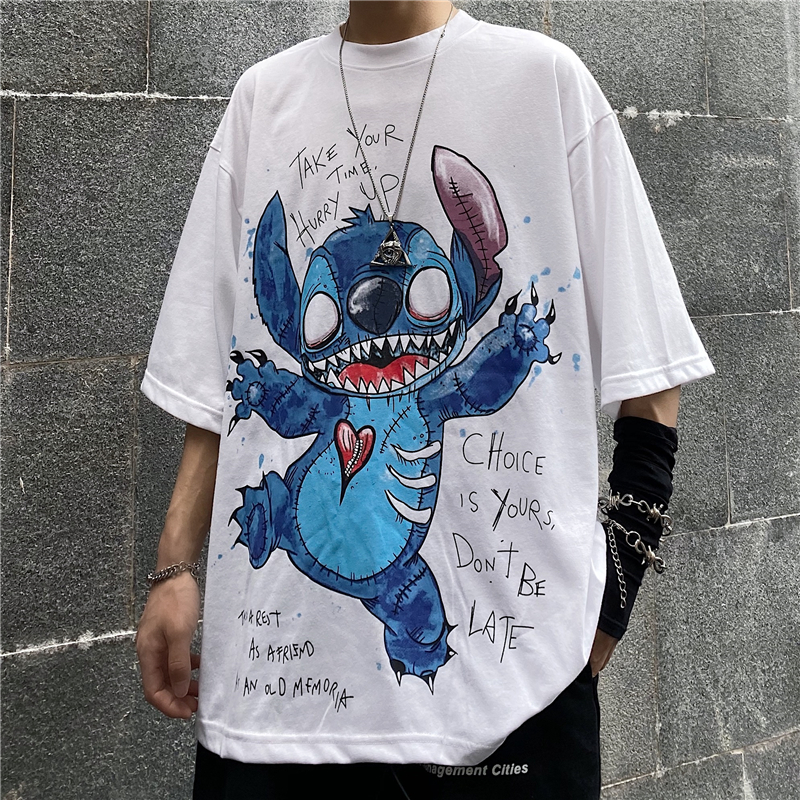 ins เสื้อยืด แขนสั้น ปักลายการ์ตูน สไตล์เกาหลี สไตล์ฮาราจูกุ ทรงหลวม สำหรับผู้ชายและผู้หญิง ขนาด S-8XL
