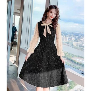 Elika Black Tweed Dress S M เดรสยาวสีดำ เดรสแขนยาว เดรสทวิต เดรสผ้าทอ ซับในอย่างดีทั้งชุด เดรสทำงาน เดรสออกงาน