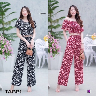 17274 Set 2 ชิ้น เสื้อครอป แขนตุ๊กตา ลายหัวใจ + กางเกงขายาว Crop top, doll sleeves, heart pattern + long pants