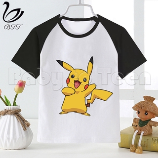 เสื้อยืดเด็กคอกลมพิมพ์ลายการ์ตูน Pokemon Go Pikachu Charizard Pokeball