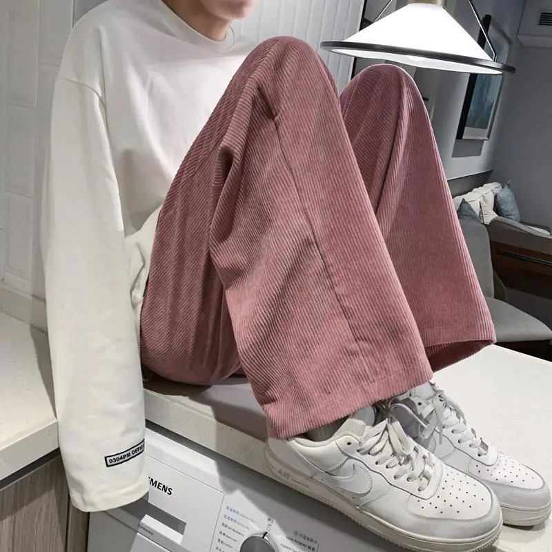 กางเกงผ้าลูกฟูกผู้หญิง กางเกงสีชมพู กางเกงขากว้าง หลวมและสบาย