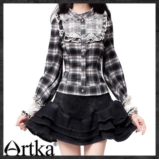 เสื้อแขนยาวลายสก้อตขาวดำ แบรนด์แท้ ARTKA