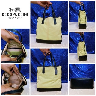 👝: COACH Light Green Canvas Black Leather Tote Lunch Bag Purse แท้💯%