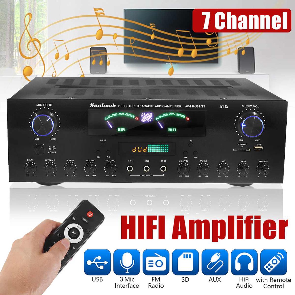 3000W Bluetooth 7 Channel Audio Power เครื่องขยายเสียง ซับวูฟเฟอร์ไฮไฟสเตอริโอเสียงรอบทิศทางดิจิตอลโฮมคาราโอเกะที่มีประส