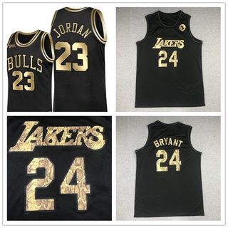 เสื้อกีฬาบาสเก็ตบอล ลายทีม Nba Jersey Lakers 24 Kobe Bull 23 Jordan สีดํา สีทอง