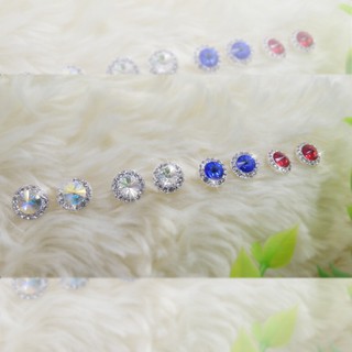 ต่างหูเงินแท้ 92.5% กลม 8 มิล ชุบทองคำขาว ติดพลอย Swarovski SS24 ดีไซน์สวย สดใส ปังเวอร์ ต่างหูเงินแท้ 100 :  R8SS24-R