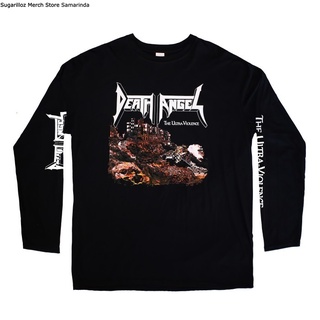 คอลูกเรือเสื้อยืดคอกลมเสื้อยืด Band DEATH ANGEL THE ULTRA-VIOLENCE (สีดํา) LS - XXLผ้าฝ้ายแท้