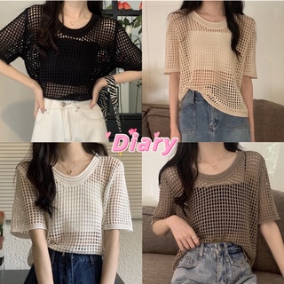 diary(73178)เสื้อสเวตเตอร์แขนสั้น เสื้อผ้าทอตาข่าย คอกลม เสื้อตาข่าย