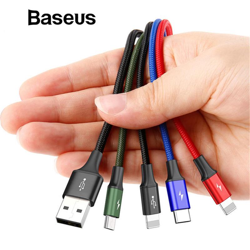 สายชาร์จ Baseus 4 In 1 Usb สายเคเบิ้ลชาร์จ ชาร์จด่วน รวดเร็วสําหรับ Micro / Type - C / ios 4สี ใช้ได้ทุกรุ่น