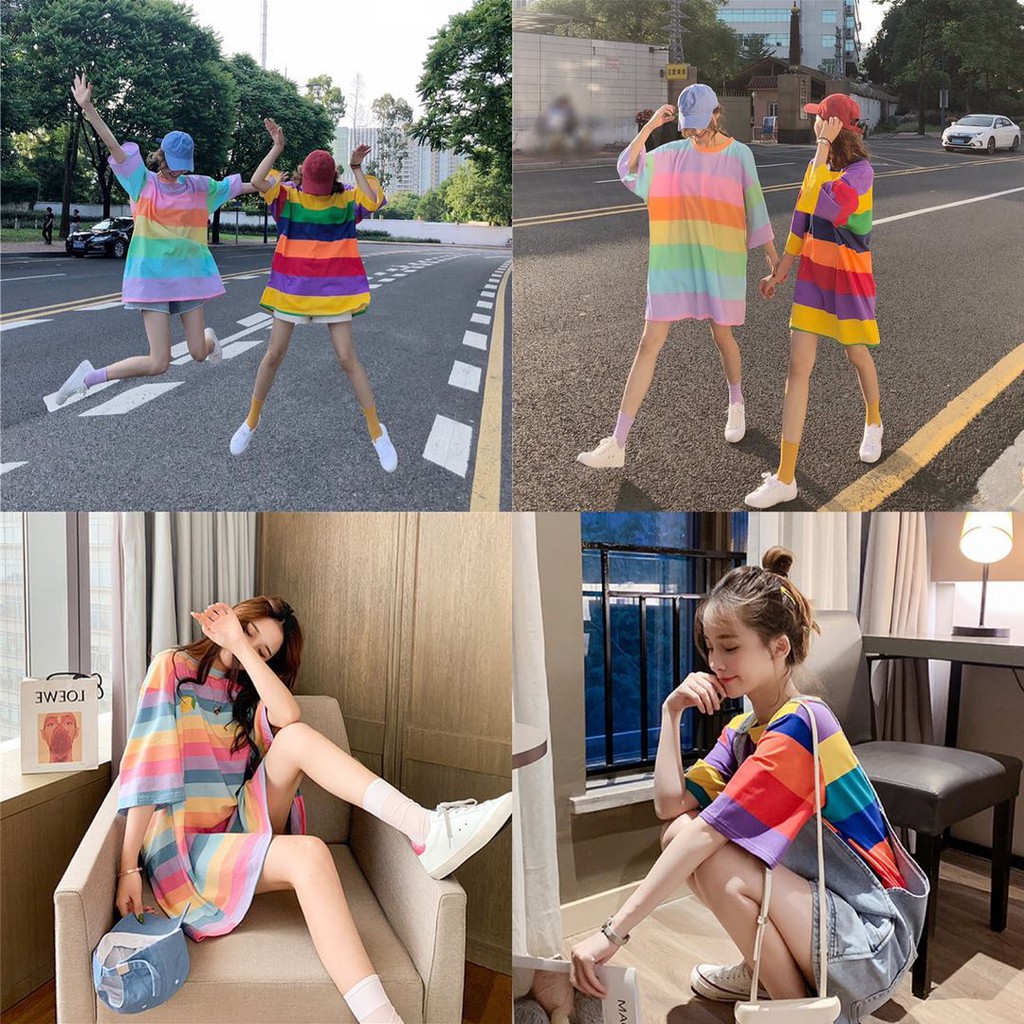 💘💘💘BC-SHOP  เสื้อยืดผู้หญิงแขนสั้น แบบใหม่เสื้อสีรุ้ง 🌈 Oversize T-shirt  999#